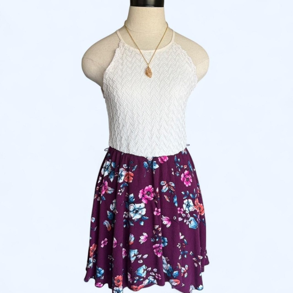 Lily Rose Floral Lace Halter Handkerchief Hem Dress Burgundy White S